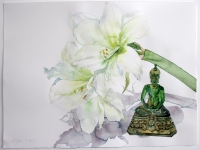 Weiße Amaryllis mit Buddha, 2013, Aquarell und Graphit auf Hadern
